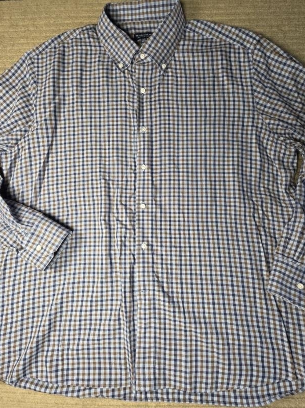 Peter Millar Button Down Shirt Mens XXL Blu/Wht Plaid Crown Crafted Soft Twill